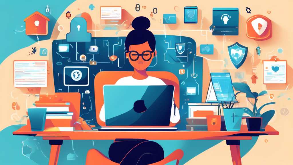 An illustration featuring a person using a laptop in a home office setting, surrounded by symbols of online privacy such as padlocks, shield icons, VPN symbols, encrypted emails, and secure connections. The background includes a well-organized workspace with books titled Online Privacy, Cybersecurity, and Data Protection. The overall atmosphere is bright and modern, indicating a safe and secure digital environment.