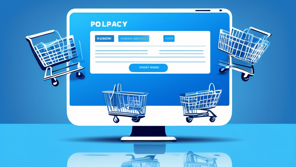 Create an image of a modern online store homepage with a prominently displayed 'Privacy Policy' section. The background should include elements like shopping carts, credit card icons, and secure padlocks to emphasize security. The aesthetic should be clean and professional, incorporating shades of blue and white to convey trust and reliability.