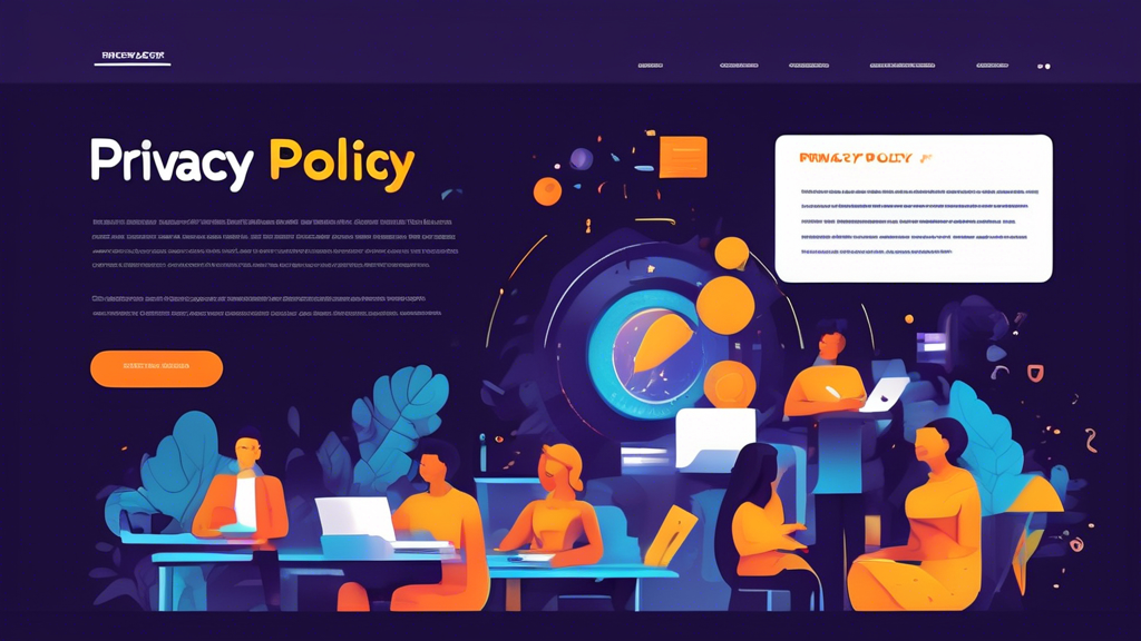 A website homepage with a bold banner reading 'Privacy Policy.' Below the banner, there is a user-friendly interface with sections for different privacy policy components such as 'Data Collection,' 'Cookies,' 'User Rights,' and 'Contact Information.' The design is clean, modern, and professional, with a trustworthy and secure feel.