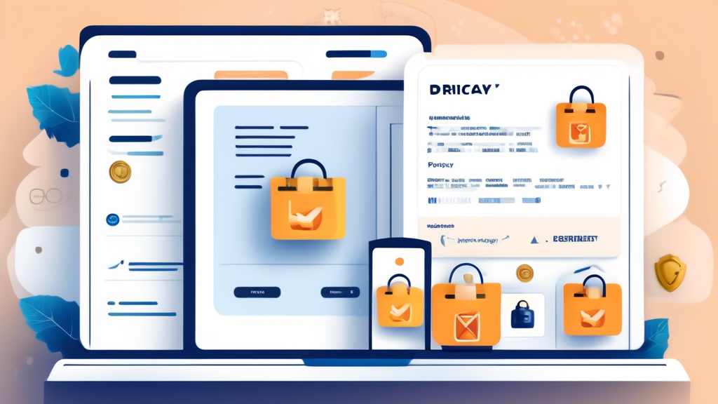 Create an image of a professional online store interface with a diverse array of products displayed. In the center of the image, show a highlighted privacy policy document with a lock icon and data protection symbols, seamlessly integrated into the design. The background should reflect a secure and trustworthy e-commerce environment, with subtle elements like shield icons and security certificates to emphasize the focus on privacy and data protection.