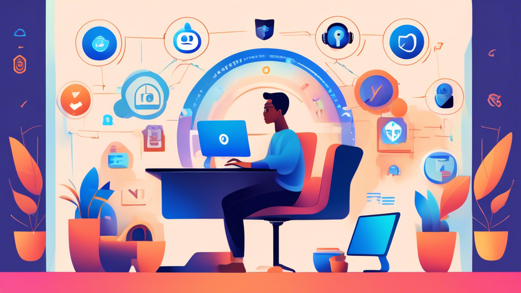 Create an image of a diverse person sitting at a computer in a comfortable, modern home setting. The computer screen displays various icons related to online privacy protection, such as a lock, a shield, and an eye with a slash through it. Surrounding the person are floating graphics symbolizing key privacy tips: a strong password, a VPN, two-factor authentication, encrypted communication, and secure browsing. The overall tone should be informative and empowering, conveying the importance of online privacy in 2023.