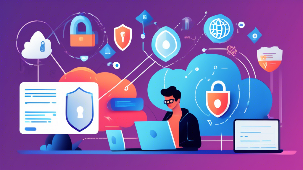 A visually engaging illustration showing essential tips for online privacy and security: a person using a laptop with a two-factor authentication screen, encrypted cloud icons, a strong password generator, a VPN shield, and a secure padlock icon. Background elements include cybersecurity symbols, such as a firewall, phishing email alerts, and a globe connected by secure data lines.