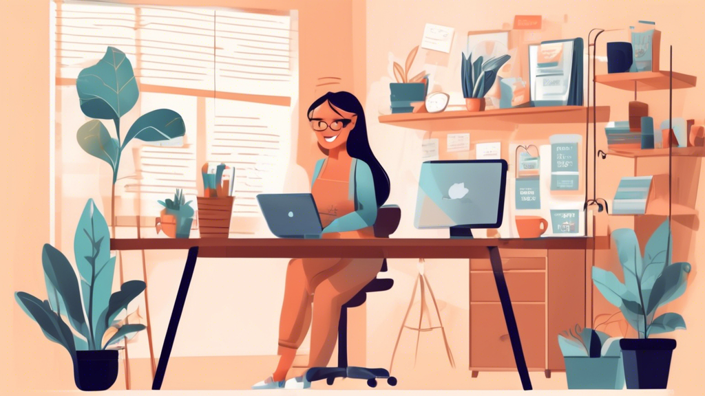 Create an illustration of a small business owner working in their home office on their online store, happily discovering a free privacy policy template on their computer screen. The scene should show a cozy, well-lit room with shelves of products, a tidy desk setup, and a sense of relief and achievement on the owner's face. Add elements like a coffee mug, a planner, and motivational quotes on the wall to enhance the inspirational and productive atmosphere.