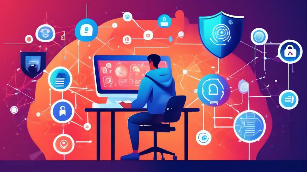 A digital illustration depicting various online privacy protection strategies: a person sitting at a computer using a VPN, a padlock icon, shield symbols, a magnifying glass inspecting a privacy policy, multi-factor authentication symbols like a phone and a fingerprint, and social media icons with privacy settings being adjusted. The background features a network grid to represent the internet, and a modern, tech-savvy color scheme with shades of blue and white.