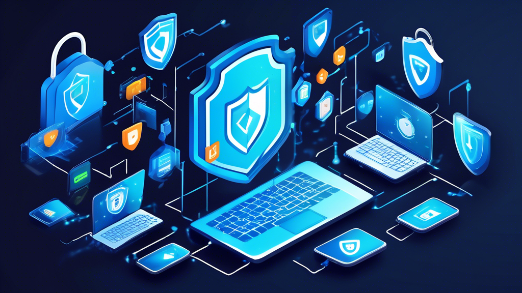 Create an image featuring various devices such as laptops, smartphones, and tablets with shields and locks symbolizing top online privacy protection services. Display icons of VPNs, antivirus software, and secure browsing extensions popping out of the screens, all surrounded by a digital cybersecurity grid. The background should convey a sense of security and protection through visual elements like padlocks, encrypted codes, and protective shields.