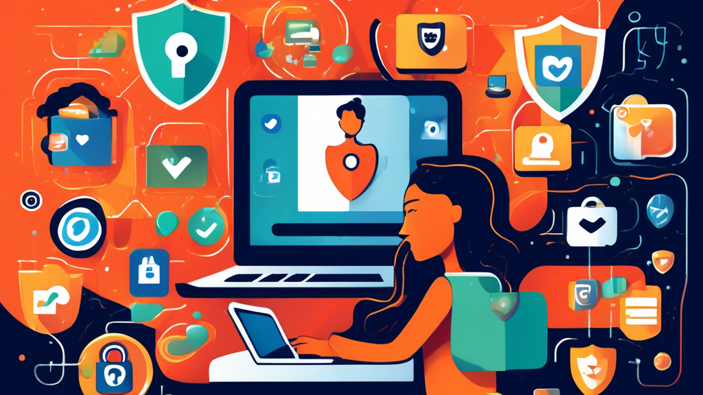 A detailed illustration showing a person using a laptop with a shield icon on the screen symbolizing privacy protection. Surrounding them are various floating icons representing social media, emails, and data. The background subtly incorporates a padlock, and the person has a satisfied expression, signifying successful online privacy management with DeleteMe by Abine.