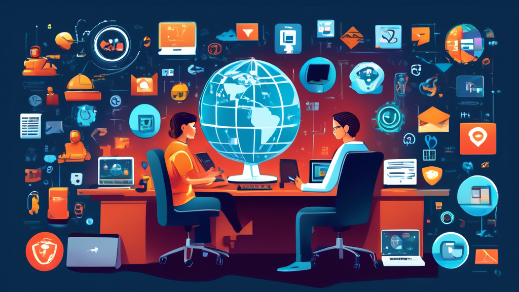 A digital illustration of a user sitting at a desk surrounded by icons representing different internet privacy services such as VPNs, firewalls, and encrypted messaging. The background features a stylized, secure internet globe and a checklist highlighting factors like security, reliability, and customer support. The overall theme is professional and informative.