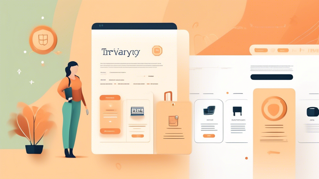 Create an image that depicts a professional and welcoming online store interface, with a section prominently displaying a detailed privacy policy. In the background, include icons representing security and privacy, such as a shield, a lock, and a document. The colors should be warm and inviting, with clear and easy-to-read text, emphasizing transparency and trustworthiness.