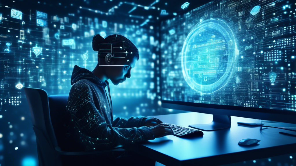 An intricate and visually engaging image of a person sitting at a computer, surrounded by floating holographic shields and locks, symbolizing online privacy protection. The background features a digital landscape with binary codes, padlocks, and secure icons. The person has a focused yet calm expression, and the environment exudes a sense of safety and security with a modern, high-tech aesthetic.