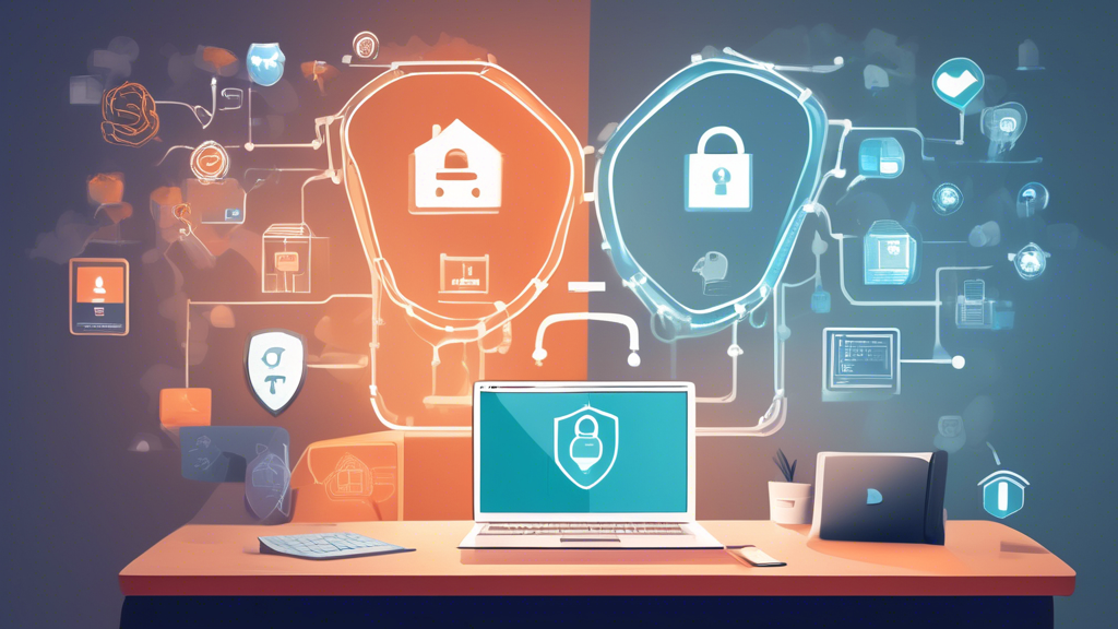 Create an image showcasing effective strategies to protect internet privacy. Include visuals such as a secure home office setup, a computer with a VPN icon, smartphone with privacy settings enabled, a person easily managing complex passwords using a password manager, and symbols like a padlock, shield, and fingerprint scanner reflecting enhanced security measures. Show a serene and confident mood, emphasizing a sense of safe and protected internet usage.