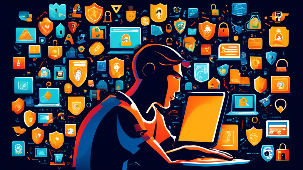 Create a high-tech digital illustration of a person securely browsing the internet on a laptop, surrounded by shields, locks, and security symbols, representing Avast Online Security & Privacy Tools. The background should feature elements like encrypted codes, browsing history icons, and privacy settings, all in a sleek, modern design.