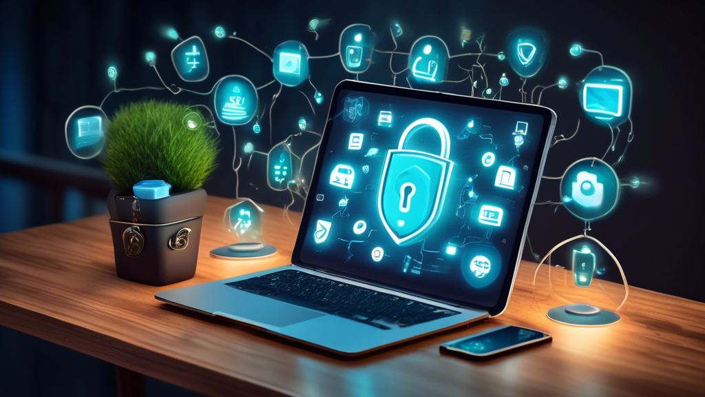 Create an image of a serene digital landscape where various devices such as phones, laptops, and tablets are protected by secure locks and shields. These devices are connected through encrypted pathways, symbolizing robust online privacy protection. Include an open guidebook titled 'Enhancing Online Privacy Protection' by Discover on a wooden desk, surrounded by harmless, softly glowing icons representing internet security.