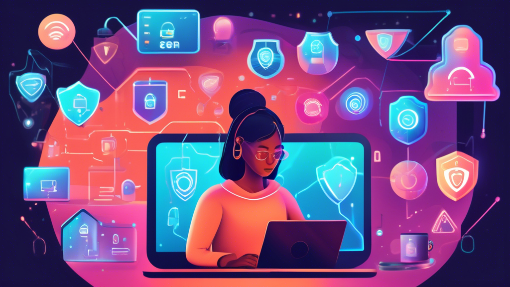 An illustration of a person using a laptop in a cozy, modern home setting, with holographic locks, shields, and privacy icons floating around them. The background shows various smart devices secured with padlocks, and a subtle representation of a VPN network connecting globally. The scene conveys a sense of safety, technology, and proactive measures for internet privacy and security.