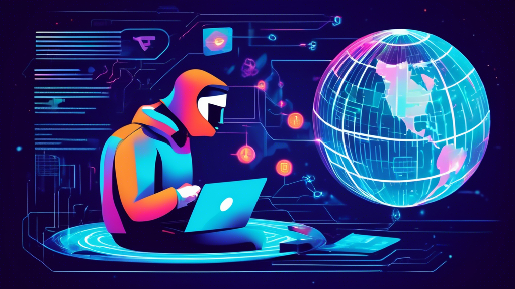 Illustration of various online privacy measures: a person using a laptop with a VPN shield icon, encrypted messages, multi-factor authentication process, secure lock symbols around personal data, and a background featuring a holographic globe with interconnected cybersecurity lines.