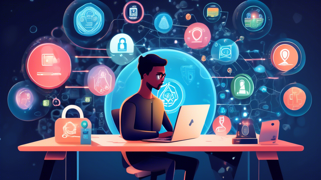 A digital illustration showing a person confidently using a laptop shielded by a bubble of cybersecurity icons, including a padlock, shield, VPN symbol, fingerprint scanner, and privacy settings. Surrounding the protective bubble are various online threats like hackers, phishing emails, and data breaches. The background is a modern, sleek room with calm, soft lighting, suggesting a secure and private space.