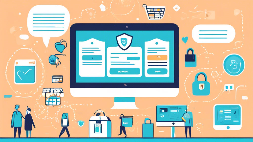 Create an illustration representing an online store's privacy policy. Show elements such as a computer screen displaying the store's website, a shield icon symbolizing data protection, customers shopping online, and small text bubbles highlighting key privacy terms like 'Data Security,' 'User Consent,' 'Confidentiality,' and 'Cookies Policy.' Incorporate a professional and trust-inspiring color scheme.