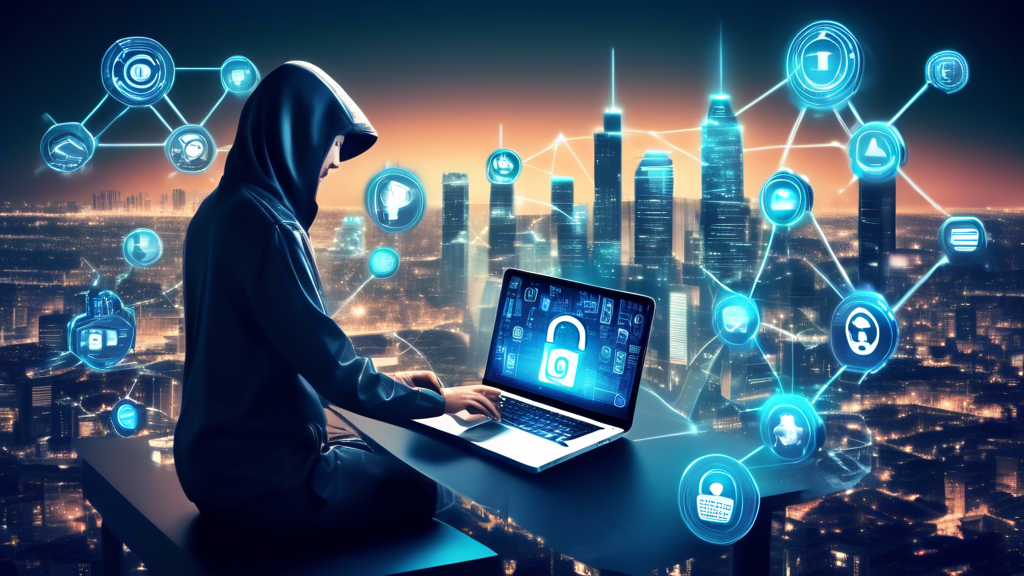 Create an image that depicts the concept of internet privacy services in the digital age. Show a person using a laptop, surrounded by digital security icons such as padlocks, shields, and fingerprint scanners. The background should feature a futuristic cityscape with binary codes subtly integrated into the environment, signifying the digital world. The overall mood should be a blend of modernity and security, emphasizing the protection of personal data.