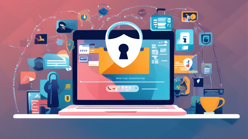 Create an image that illustrates the top strategies to protect personal data online. The scene should depict a person using a laptop in a secure home office setting. Visual elements should include strong passwords, two-factor authentication, encrypted communication, and awareness of phishing scams. Show icons representing a padlock, shield, smartphone with an authentication app, and an email filter. The overall mood should convey safety, privacy, and vigilance in the digital space.