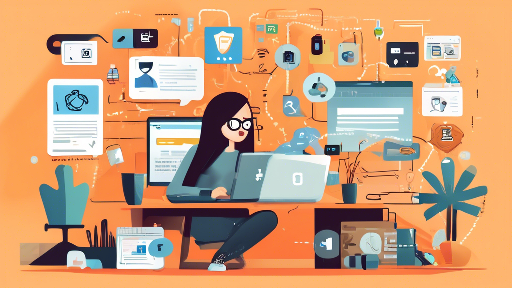 Create an image that depicts a person using top strategies to protect their personal information online: strong passwords, two-factor authentication, VPN, encrypted messaging, and secure websites. The scene can show a modern, cozy home office setup with a laptop, smartphone, and various security icons hovering around, symbolizing the measures mentioned. The mood should be informative and reassuring.