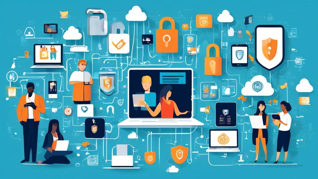 Create a digital illustration featuring diverse individuals using various devices (smartphones, laptops, tablets) engaged in online activities, surrounded by visual representations of data protection strategies like strong passwords, two-factor authentication, VPNs, encrypted messages, and secure cloud storage. The background should include icons and symbols representing cybersecurity, such as shields, padlocks, and secure connection lines. The overall style should be modern and tech-savvy, with a focus on clarity and inclusivity.