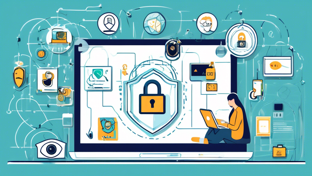 Create an image illustrating various strategies to protect your information online. Include elements like a padlock on a smartphone, a person using two-factor authentication, someone updating their passwords on a computer, a shield symbolizing antivirus software, encrypted emails, a VPN icon, and a depiction of a security camera monitoring a network. Ensure the scene has a modern, digital aesthetic with a focus on cyber security.