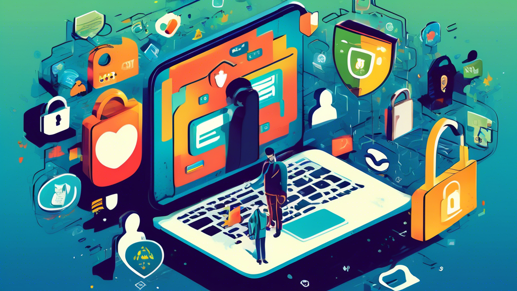 A digital illustration depicting various strategies to protect personal information online: a person using a password manager, two-step verification, secured Wi-Fi, antivirus software, and cautious behavior like not sharing personal information on social media. The background shows a virtual landscape with padlocks, shields, and encrypted data symbols representing security and privacy.