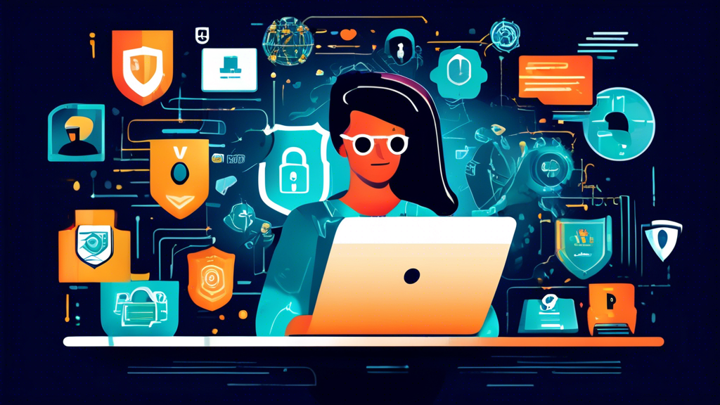 Create an image that illustrates Top Strategies to Protect Your Privacy Online. Show a person using a computer surrounded by various security and privacy elements like a lock, shield, VPN, and encrypted messages. Include visuals of secure browsing, two-factor authentication, and anti-virus software icons in a modern, tech-savvy, and clean style.