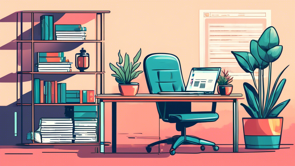 Create an illustration of a serene office desk setup with a laptop displaying a website privacy policy. The scene includes a stack of documents labeled 'Data Security', 'User Consent', and 'Legal Compliance'. In the background, there is a bookshelf filled with law and cybersecurity books, and a small plant adds a touch of warmth to the professional setting.