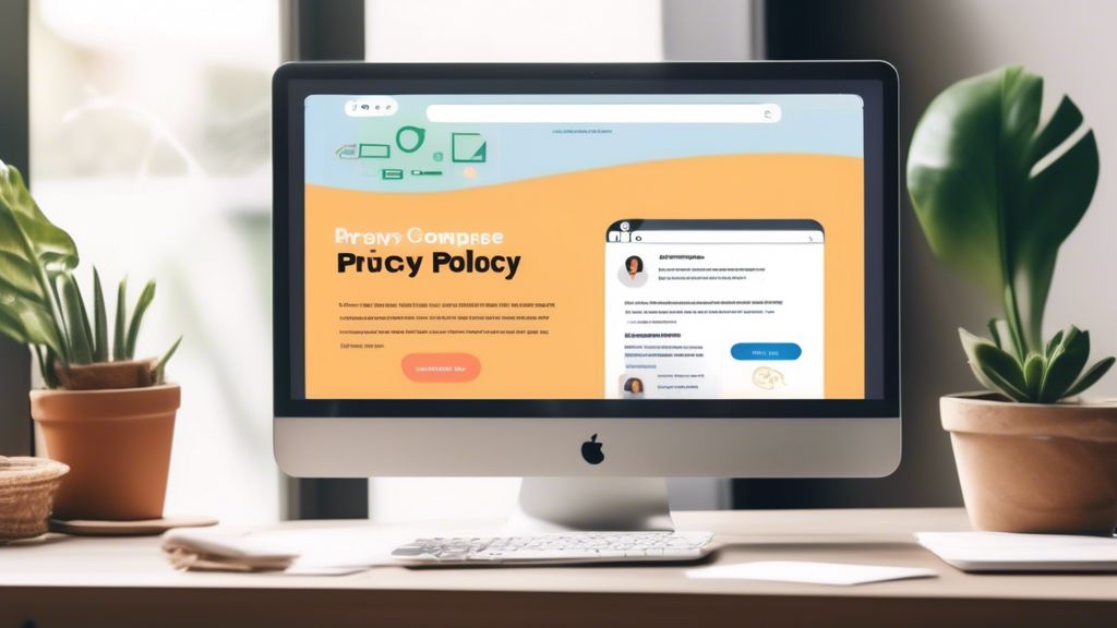 An inviting web interface displaying an easy-to-use template for creating a free privacy policy. The webpage features a step-by-step guide with simple instructions, a friendly chatbot offering assistance, and icons representing security, transparency, and privacy compliance. In the background, a diverse group of small business owners and bloggers are happily working on their laptops, illustrating inclusivity and ease of use.