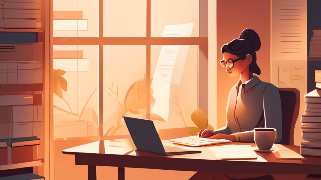 An illustration of a serene office setting where a small business owner meticulously drafts a privacy policy for their online store on a laptop. The desk is organized with legal books, notepads, and a cup of coffee, symbolizing thorough research and attention to detail. A soft, warm light filters through a nearby window, suggesting a thoughtful and professional atmosphere.