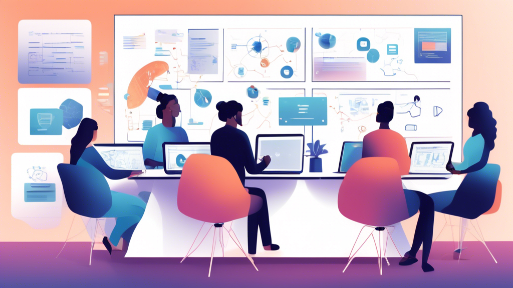 An illustration of a diverse team of professionals collaboratively working on creating an effective privacy policy for a digital app. The scene shows a conference room with laptops, documents, and a large screen displaying diagrams and text related to privacy and data protection. The atmosphere should be one of focused cooperation and innovation, with emphasis on clarity and transparency in digital product development.