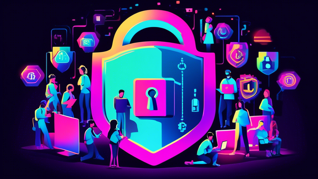 Create an image of a digital lock symbol surrounded by a glowing shield, with a diverse group of people browsing the internet on various devices such as laptops, tablets, and smartphones in the background. The environment should reflect a sense of security and privacy, with McAfee's logo subtly integrated into the scene.