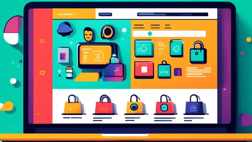 Create an image of a sleek and modern ecommerce store interface on a computer screen, with a highlighted section displaying a detailed privacy policy. Include icons representing data protection, user consent, transparency, and security, with a customer happily browsing and feeling secure.