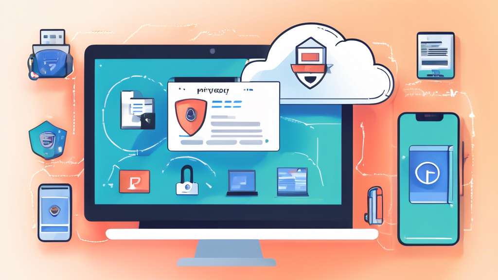 Create an illustration of a workspace containing various internet privacy tools for 2023. The scene includes a laptop with VPN software displayed on the screen, a smartphone with a privacy-focused messaging app open, encrypted cloud storage, and a browser with multiple privacy extensions installed. Surrounding the desk are icons representing two-factor authentication, antivirus software, and a firewall. The setting should have a modern, sleek design with a focus on cybersecurity.