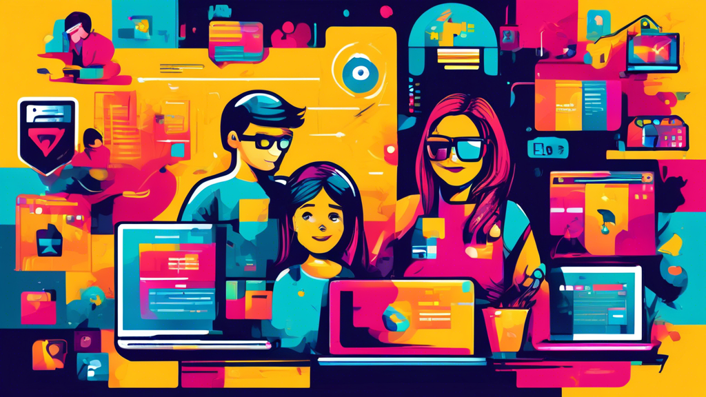 Create an illustration of a website development team implementing security and privacy measures to ensure a child-friendly online experience, with icons representing data protection, parental consent, and secure login features, all within a colorful and engaging digital workspace setting.