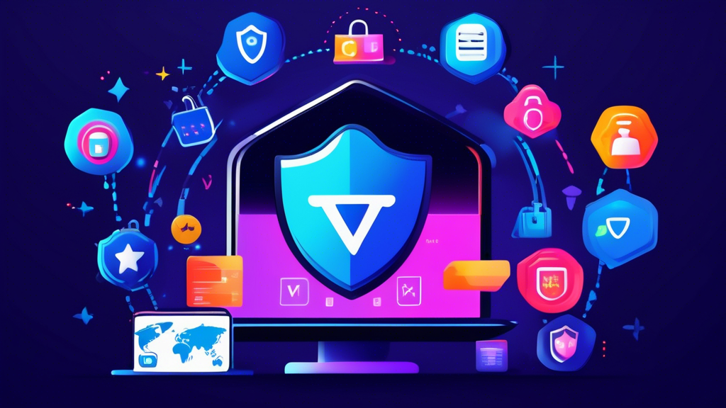 Create an image illustrating the concept of top VPN choices for online privacy. Showcase a laptop screen displaying a fictional VPN selection interface with various VPN icons, each accompanied by a star rating or shield symbol. In the background, include internet security symbols like padlocks, shields, and a Wi-Fi symbol to emphasize the focus on privacy and protection. Use a modern, clean design with vibrant colors to capture attention.