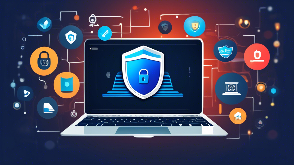 Create an image featuring a sleek laptop displaying a shield icon on the screen, symbolizing internet privacy protection. Surround the laptop with various emblems representing top privacy software, such as VPNs, antivirus programs, and secure browsers. Include a lock and key, padlocks, and digital security elements like encrypted code snippets or a fingerprint scanner to emphasize the focus on protecting online identity. The backdrop should be a digital-themed environment with soft blue hues and circuit patterns.