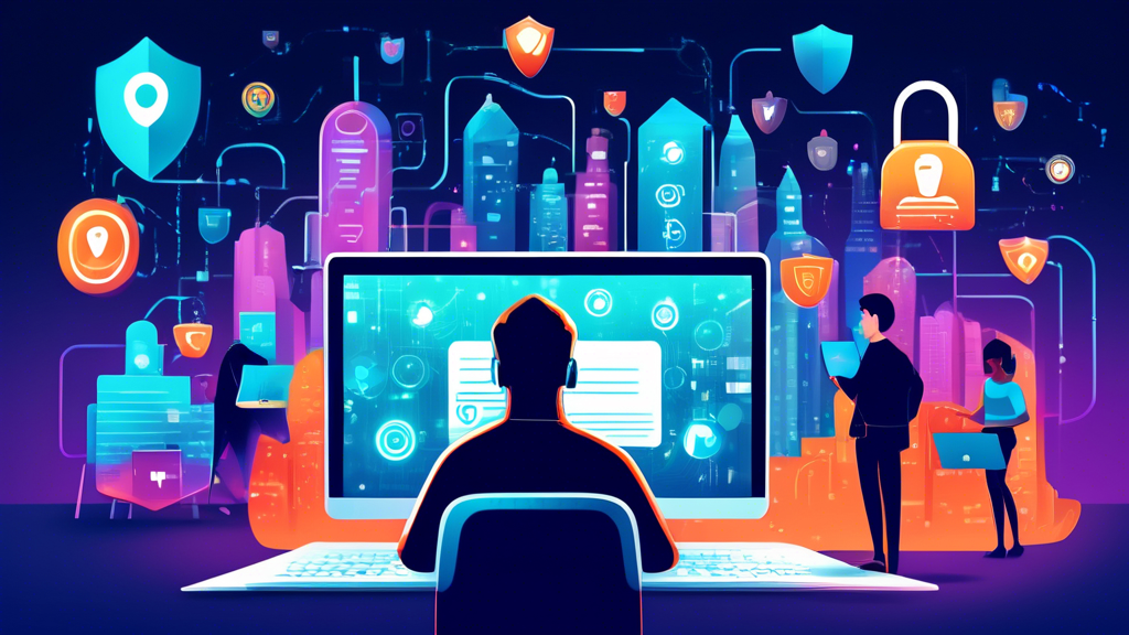 Create a modern digital illustration showcasing various online privacy tools, such as VPNs, encrypted messaging apps, password managers, and antivirus software. The scene should include diverse people using laptops and smartphones, with padlocks, shield icons, and secure connections symbolizing protection. The background can feature a futuristic cityscape with binary code subtly integrated into the design, representing the digital world. Ensure the color palette is vibrant and technology-focused.