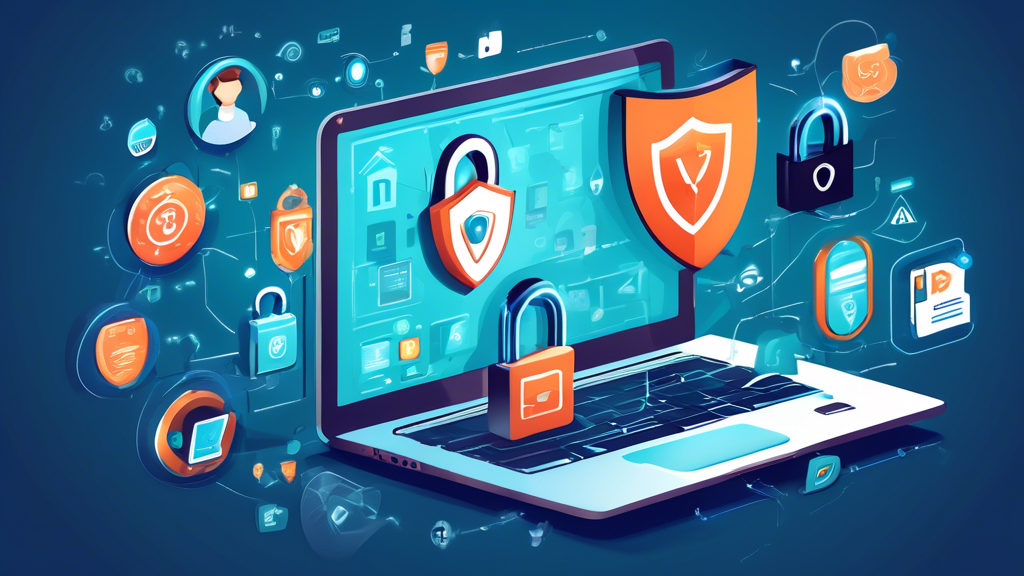 Create a digital illustration depicting various online privacy protection strategies. Show a laptop with icons representing VPN, two-factor authentication, password managers, anti-virus software, and encrypted messaging apps. Include symbols of cybersecurity like a shield, padlock, and fingerprint. Make it visually engaging with a modern, sleek look, emphasizing the importance of securing personal information online.