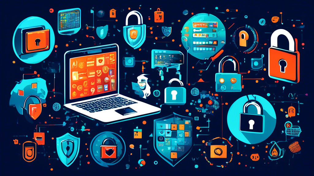 Create an illustration showing various elements that represent data privacy enhancement online, such as a secure laptop, padlocks, privacy icons, encrypted messages, and shields protecting personal information. Include symbols of two-factor authentication, VPNs, and cybersecurity measures, with a background that conveys a digital, high-tech environment.