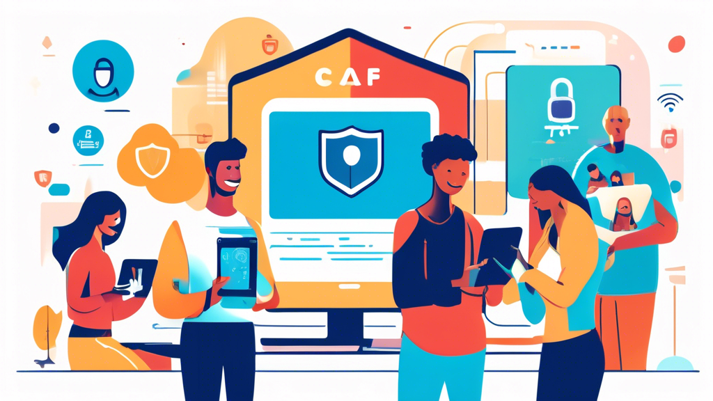 Create an image showing a friendly, diverse group of people happily using various digital devices such as smartphones, tablets, and computers. In the background, include icons representing online privacy such as a padlock, a shield, and a document with text, symbolizing legal protection. The setting can be in a modern, bright cafe to suggest a casual, yet conscientious digital experience. Incorporate a banner at the top or bottom of the image that reads, Understanding CalOPPA: Your Guide to Online Privacy in California.