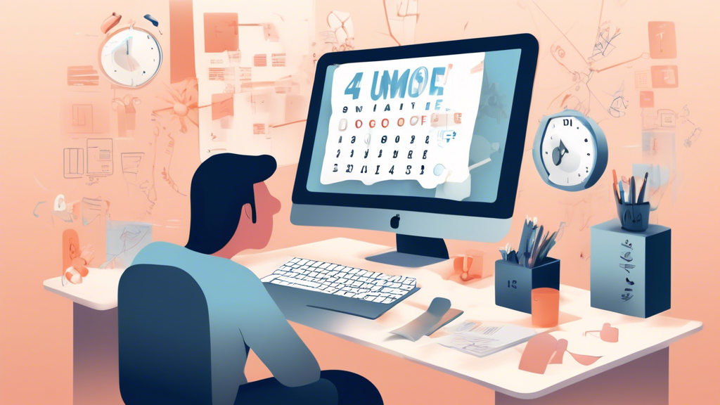 Create an image depicting a user staring at their computer screen with a '401 Unauthorized' error message displayed on Vimeo's homepage. Surround the user with elements representing frustration, such as a calendar with deadlines, a clock ticking, and scattered notes. The background should resemble a modern home office setup with a hint of technical manuals and support articles to signify attempts to resolve the issue.