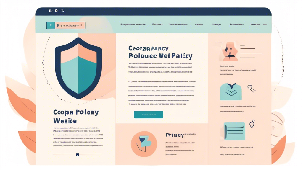 Create an image depicting a friendly and professional website privacy policy page, prominently featuring a section titled COPPA Compliance. Include symbols like a shield for security, a document for policy, and a parent and child icon to represent child privacy. Add some illustrative elements of a website interface with clearly marked sections, soft colors, and approachable visuals to convey trust and transparency.