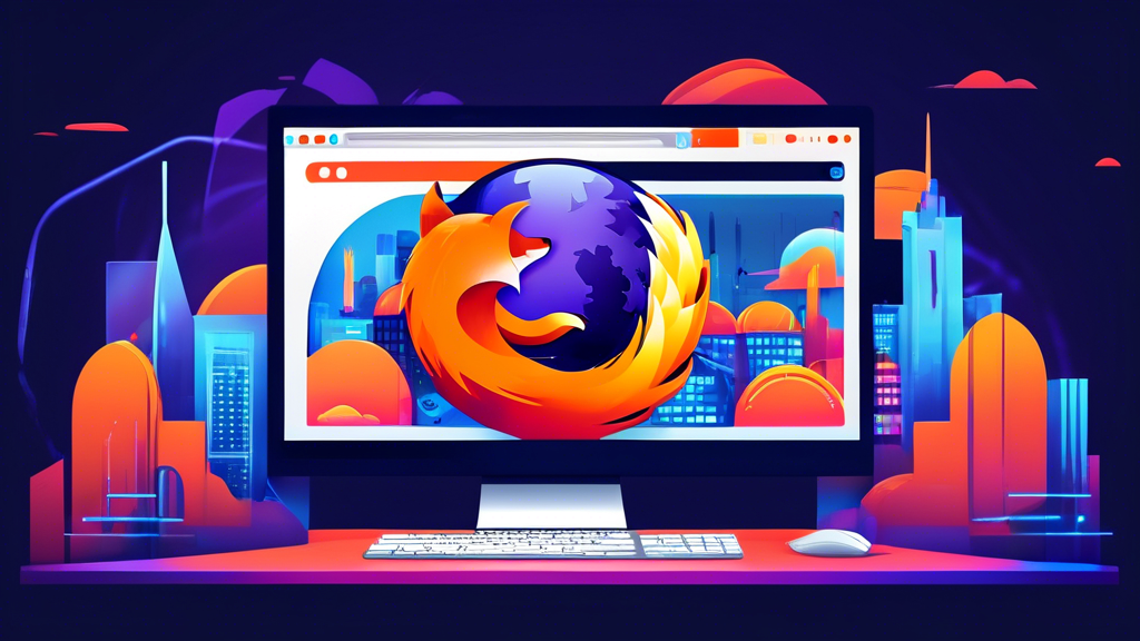 Create an image of a modern, sleek computer screen displaying a Firefox browser window. On the browser toolbar, highlight the Avast Online Security & Privacy extension icon. The background should have a vibrant, futuristic cityscape to convey cutting-edge technology. Include visual elements such as security shields and locks floating around the browser to symbolize enhanced security and privacy.