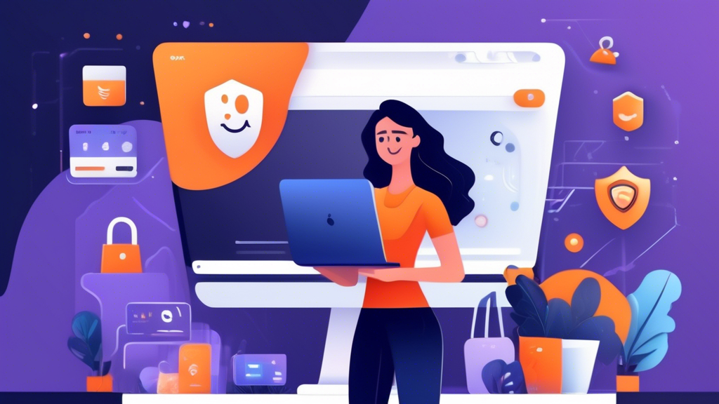 An image showcasing a seamless and secure online browsing experience, featuring a user smiling at their computer screen with the Avast Online Security and Privacy Extension icon prominently displayed. The background showcases various online activities like shopping, streaming, and social media with a visible shield symbol representing privacy protection. The overall ambiance is modern and tech-savvy, emphasizing safety and ease of use.