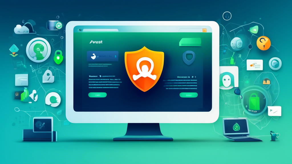 Create a digital illustration showcasing a computer screen with the Avast logo, displaying a web browser with tabs open, all surrounded by icons symbolizing online security and privacy such as a shield, padlock, and fingerprint. The background should include a soft blend of blue and green tones to convey trust and safety. Include a user clicking on the Avast Online Security & Privacy extension icon in the browser toolbar.