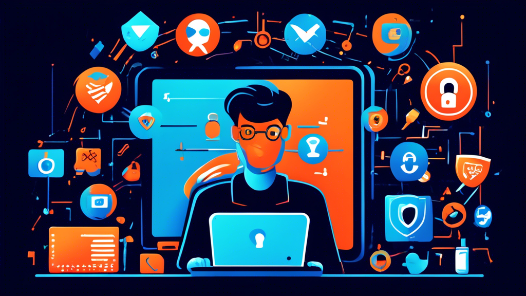 Create a modern, vibrant illustration depicting a person using a computer with symbols of online security like shields, locks, and check marks surrounding the screen. Include elements representing internet privacy, such as eye icons with slashes through them and private browsing icons. Incorporate the Avast logo subtly in the corner to signify the connection to the featured tools.