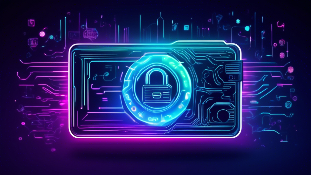 Create an image depicting a futuristic digital wallet with a glowing virtual privacy card, set against a high-tech background. The card is shielded by holographic icons representing security features like encryption, anonymity, and data protection. The scene exudes a sense of cyber safety and advanced technology.