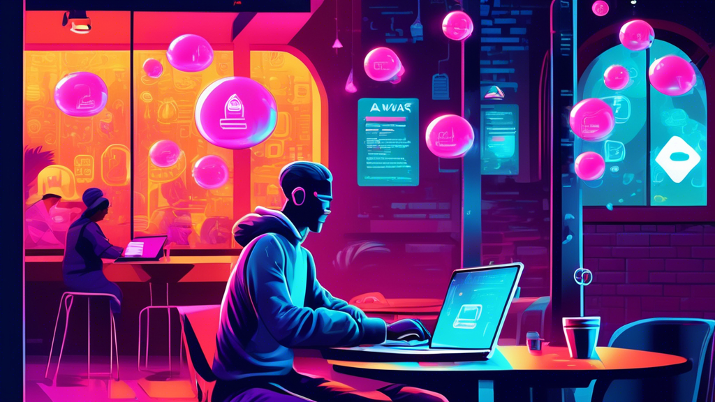 Create a vibrant digital illustration of a person using a laptop at a cozy cafe, shielded by a glowing protective bubble labeled 'Avast Online Security'. In the background, symbols of potential online threats like phishing emails, malware, and tracking cookies are being deflected by the bubble, signifying enhanced online privacy and security.