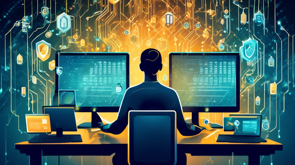 Create a detailed illustration showing a person conducting an online financial transaction on their computer, surrounded by digital shields and secure locks. The background of the image should consist of a blend of technology and abstract representations of data privacy, like encrypted codes and secure networks. Highlight elements symbolizing trust and confidentiality, such as a blockchain structure and privacy icons.